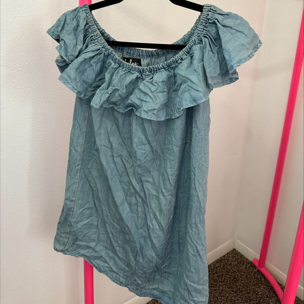 LULUS OFF THE SHOULDER DRESS MINI RUFFLE BLUE CHAMBRAY SMALL